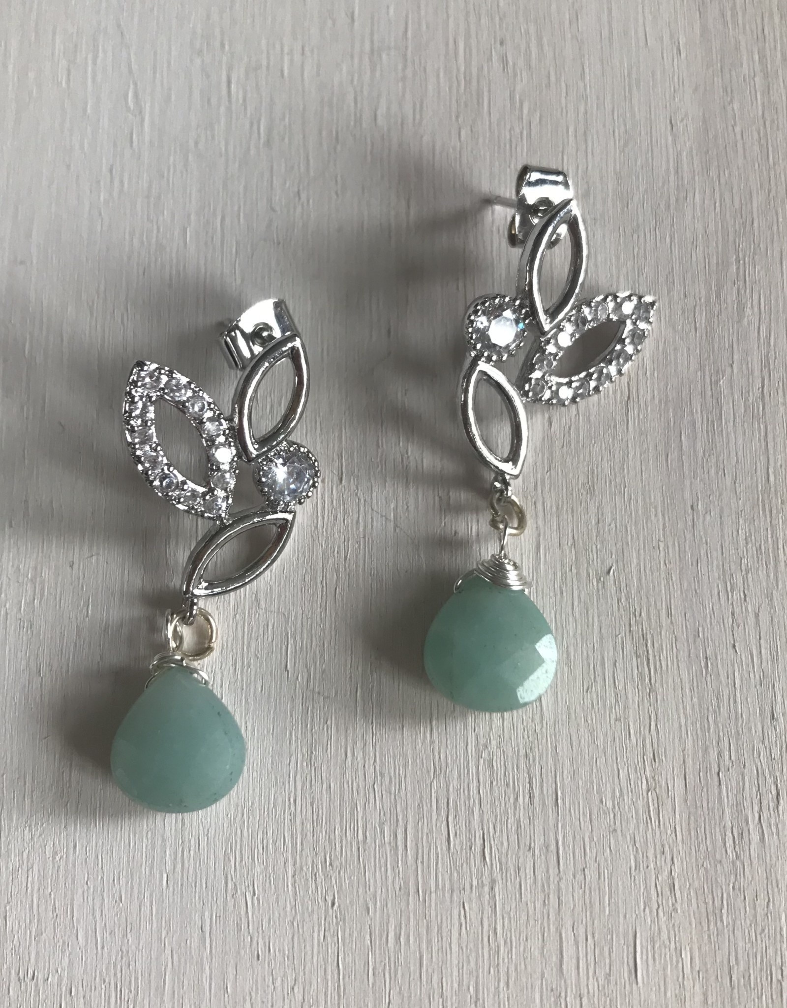 Devil May Wear White Lilly Studs. Lots of Cubic Zirconia, Amazonite drop. Silver plated, Solid Silver Posts. 2"