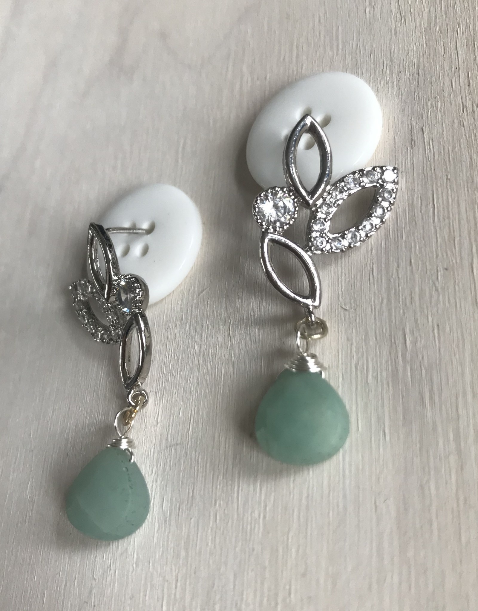 Devil May Wear White Lilly Studs. Lots of Cubic Zirconia, Amazonite drop. Silver plated, Solid Silver Posts. 2"