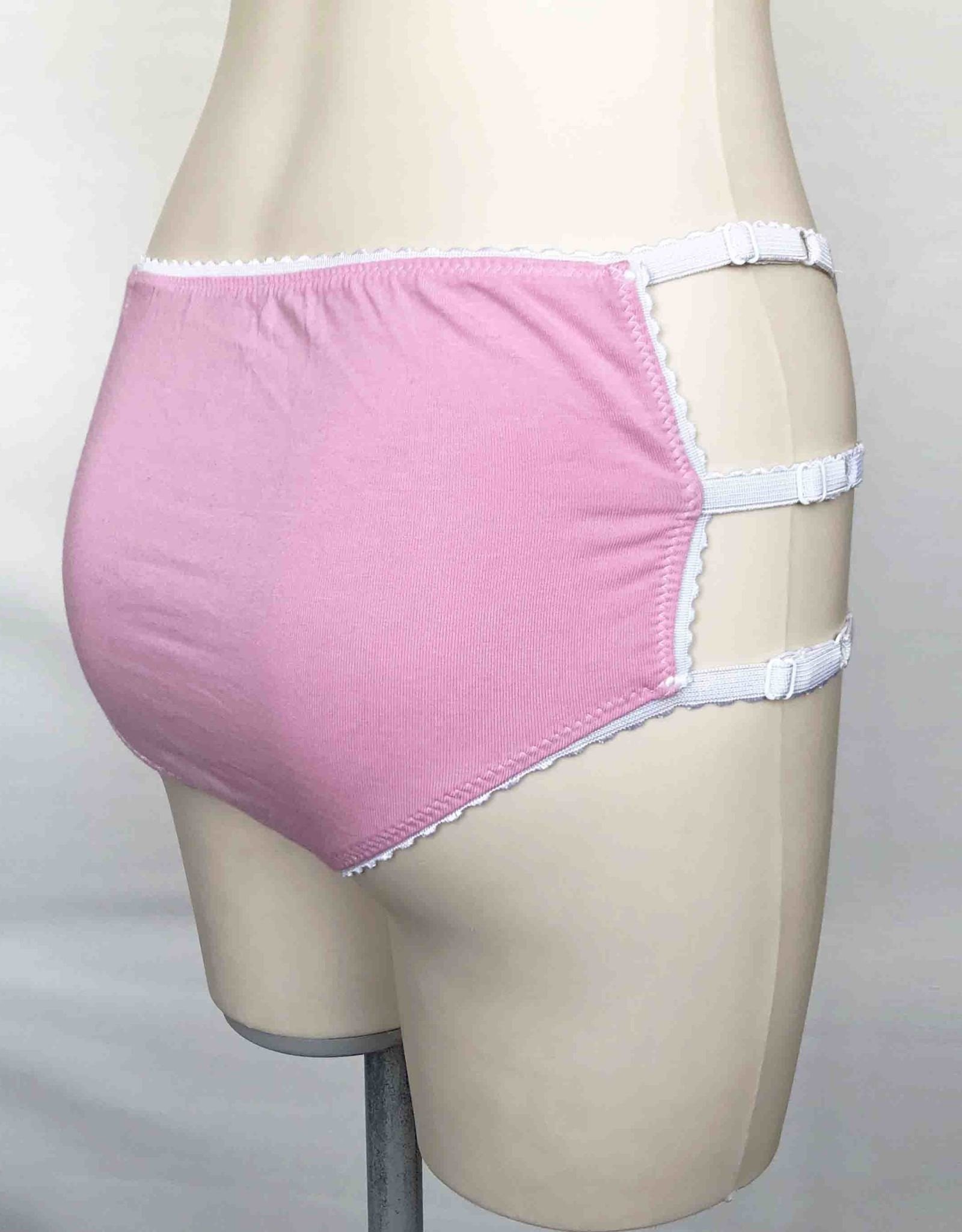 Devil May Wear Cage Panties. Bamboo blend. Adjustable size tabs. Mid Rise. Pink/White