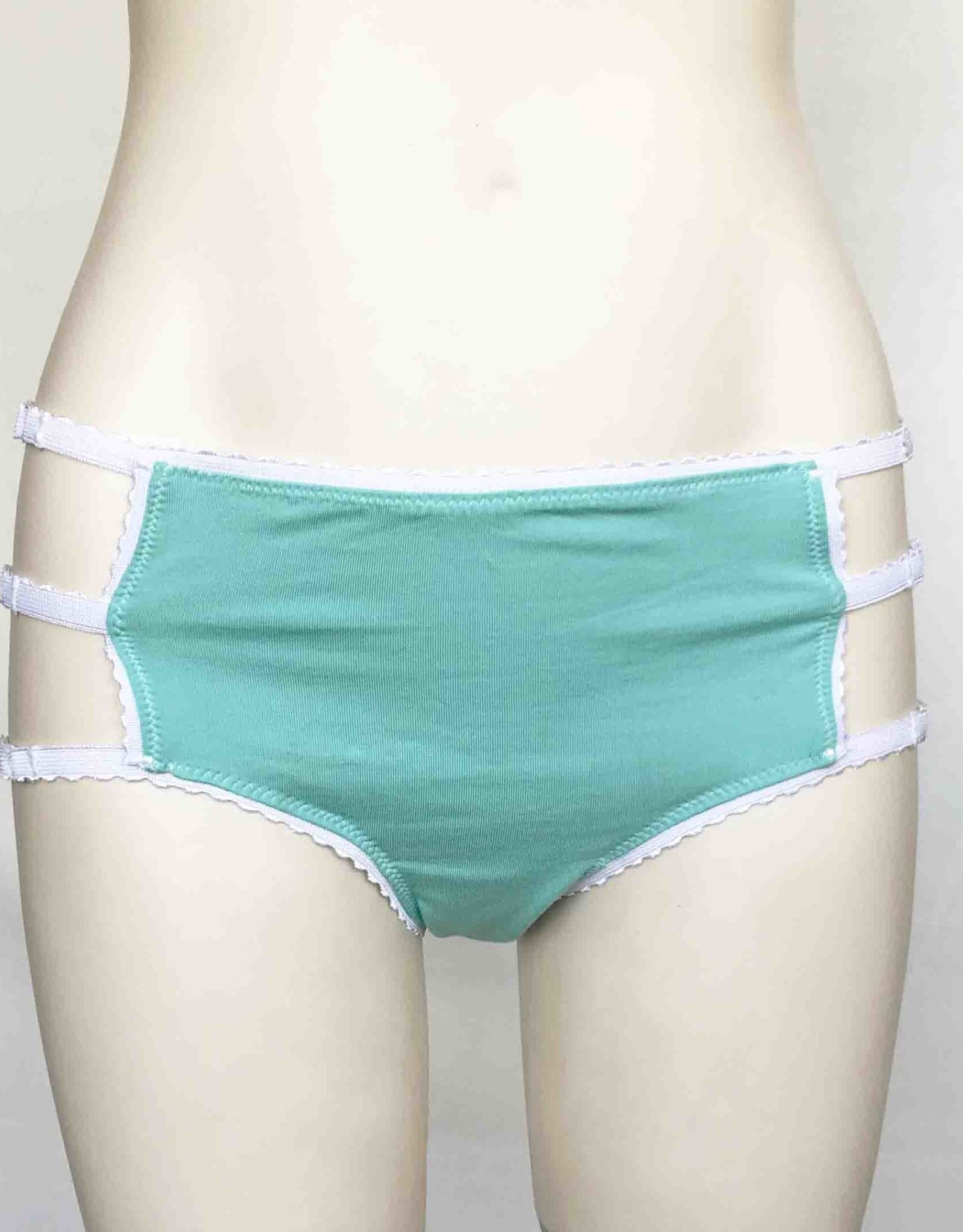 Devil May Wear Cage Panties. Bamboo blend. Adjustable size tabs. Mid Rise. Seafoam/White