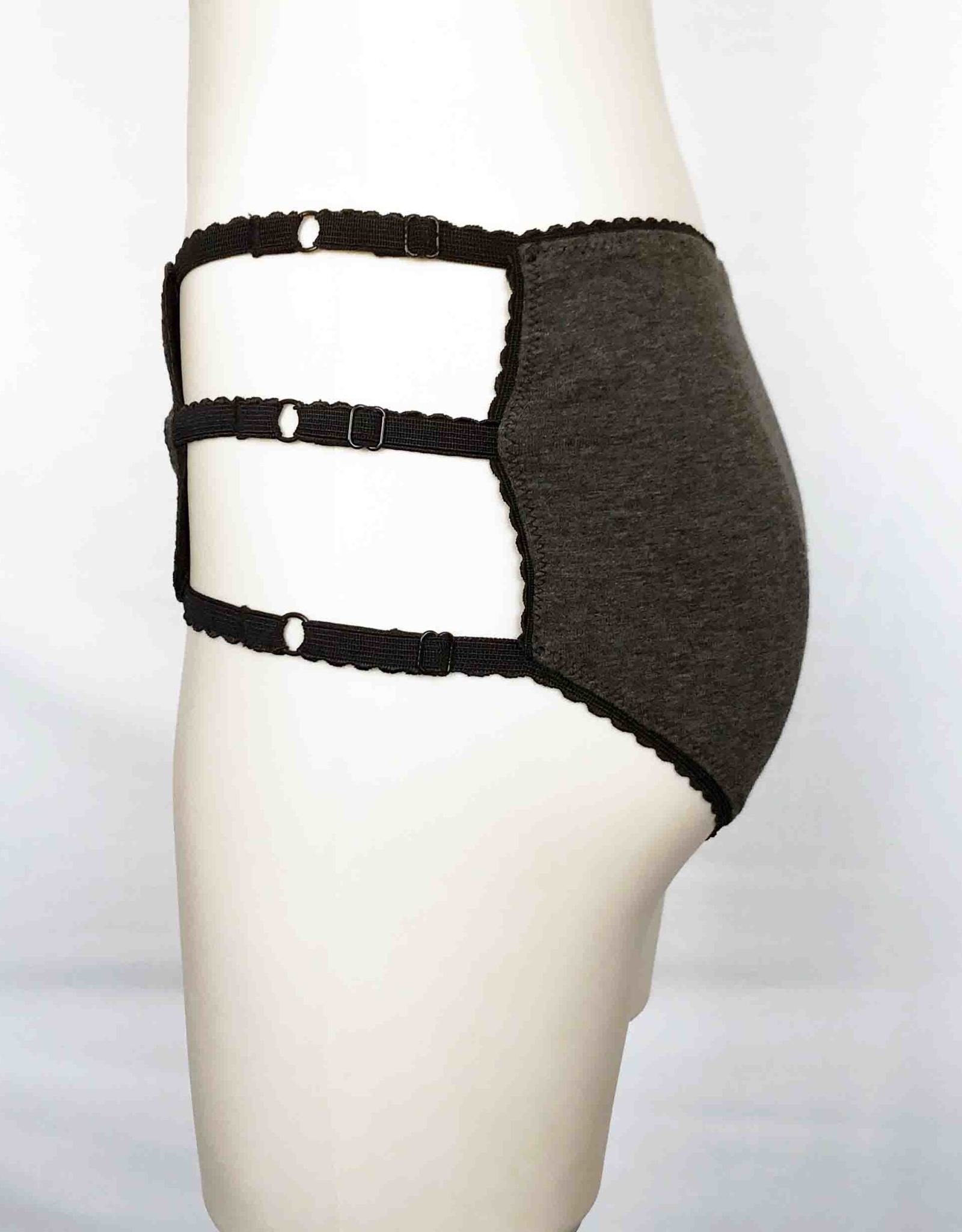 Devil May Wear Cage Panties. Bamboo blend. Adjustable size tabs. Mid Rise. Heather Grey/Black