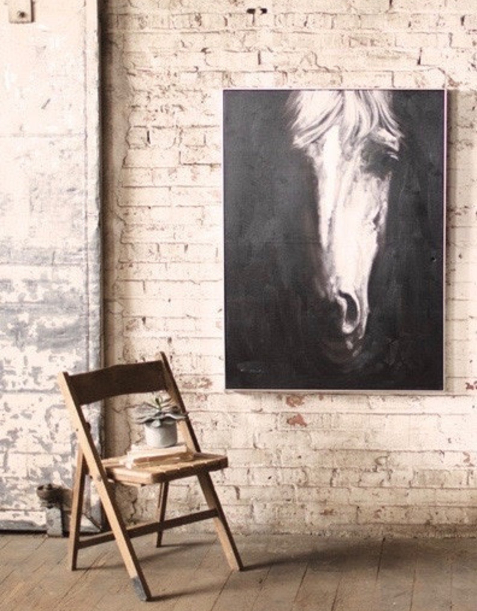 Kalalou Oil Painting \ Black & White Front View Horse w/ silver frame