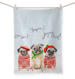 Greenbox Art Holiday - 3 French Pugs - Red & Green Tea Towel