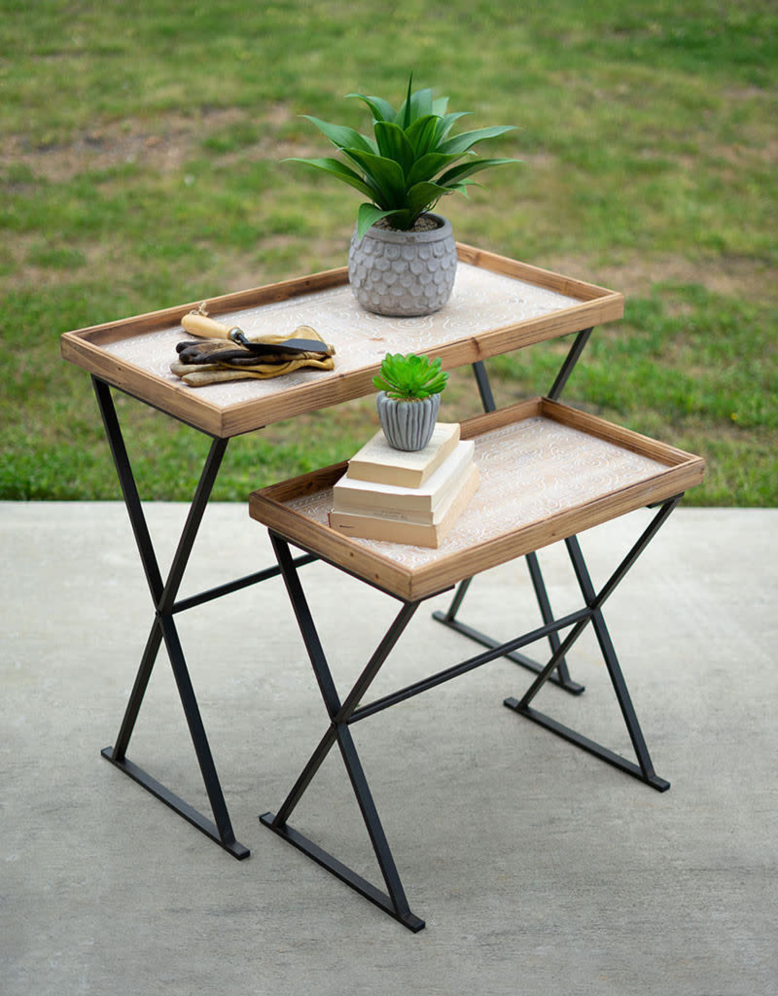 Kalalou Set of 2 Wood and Metal Rectangle Tables