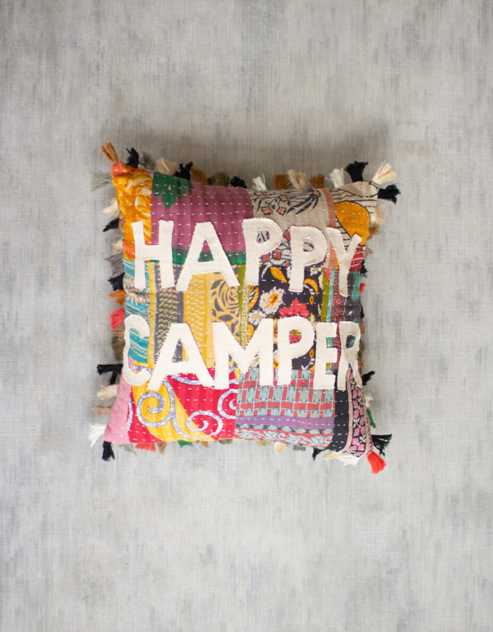 Happy Camper Kantha Throw Pillow Patchwork Colorful Soft Fringe Square Cushion