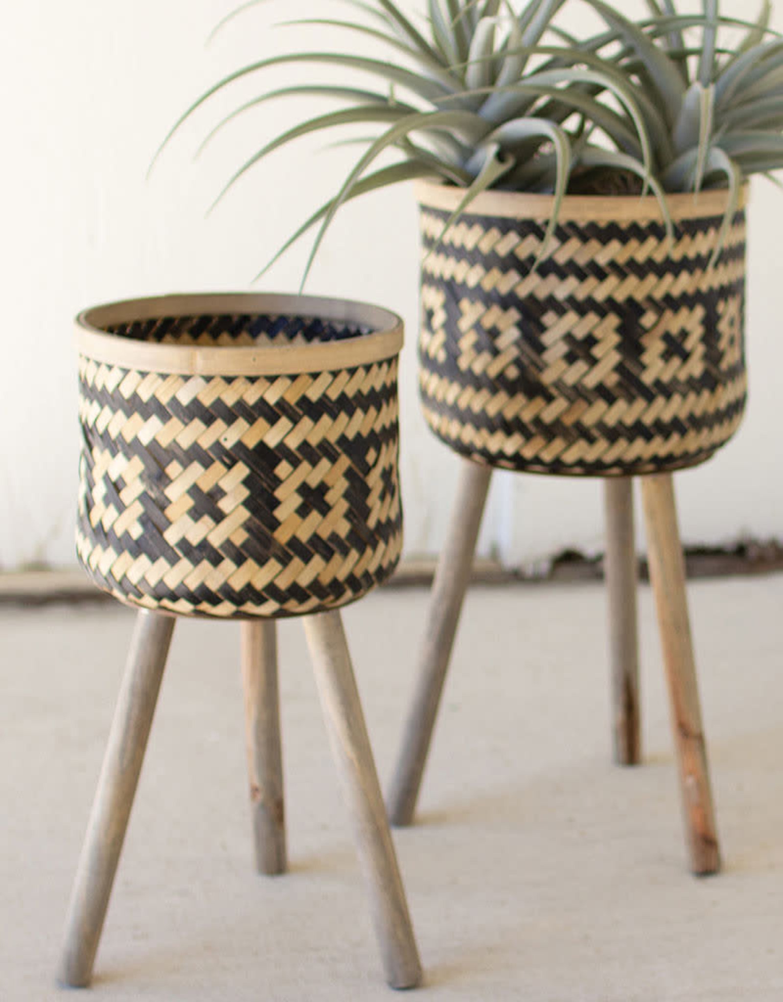 Kalalou Set of  2 Woven Black & Natural Plant Stands Wooden Legs