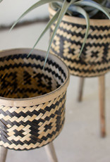 Kalalou Set of  2 Woven Black & Natural Plant Stands Wooden Legs