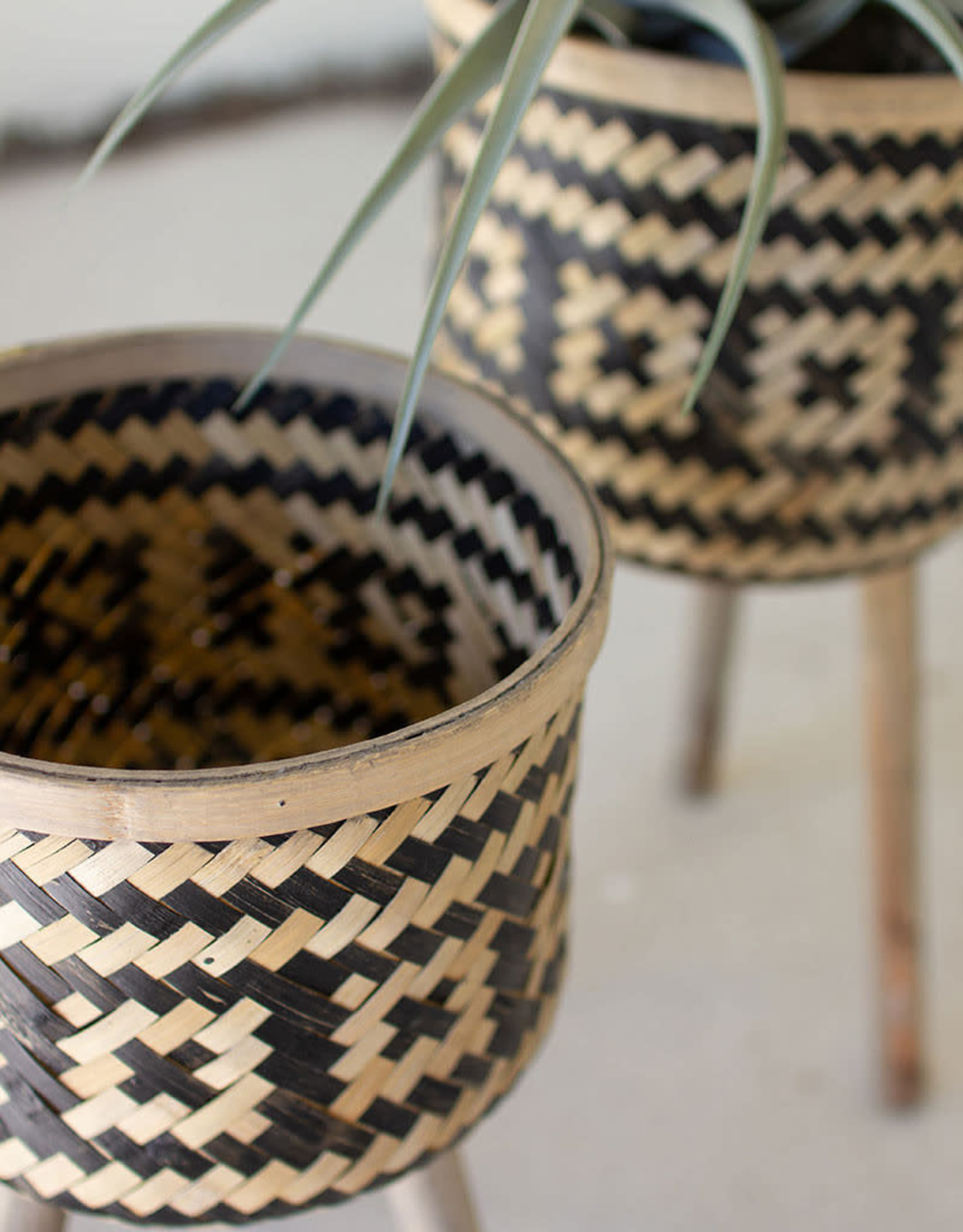 Kalalou Set of  2 Woven Black & Natural Plant Stands Wooden Legs