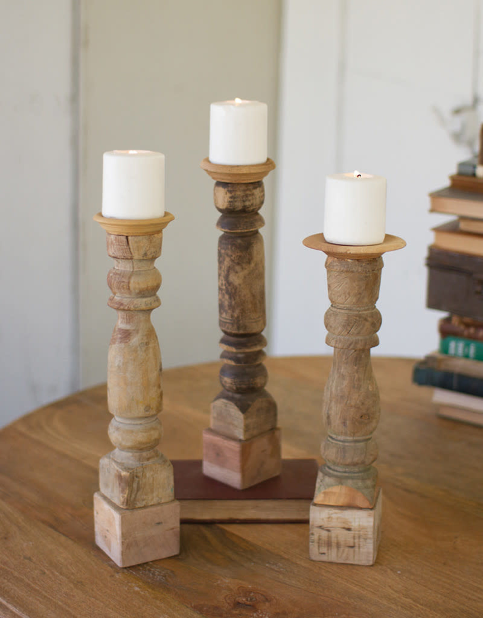 Kalalou Set of 3 Assorted Wooden Reclaimed Banister Candle Stand