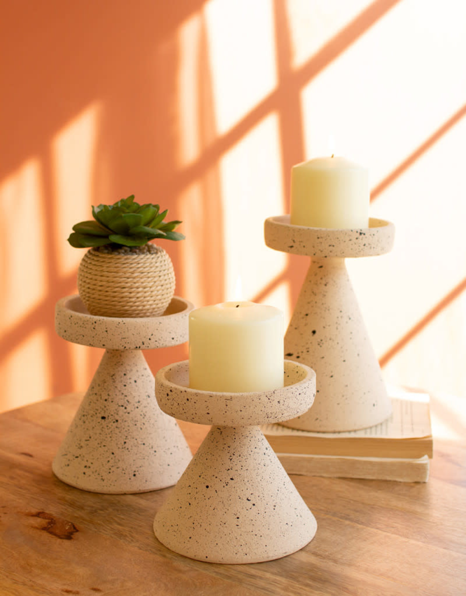 Kalalou Set of 3 Speckled Clay Pillar Candle Holders-Free Shipping