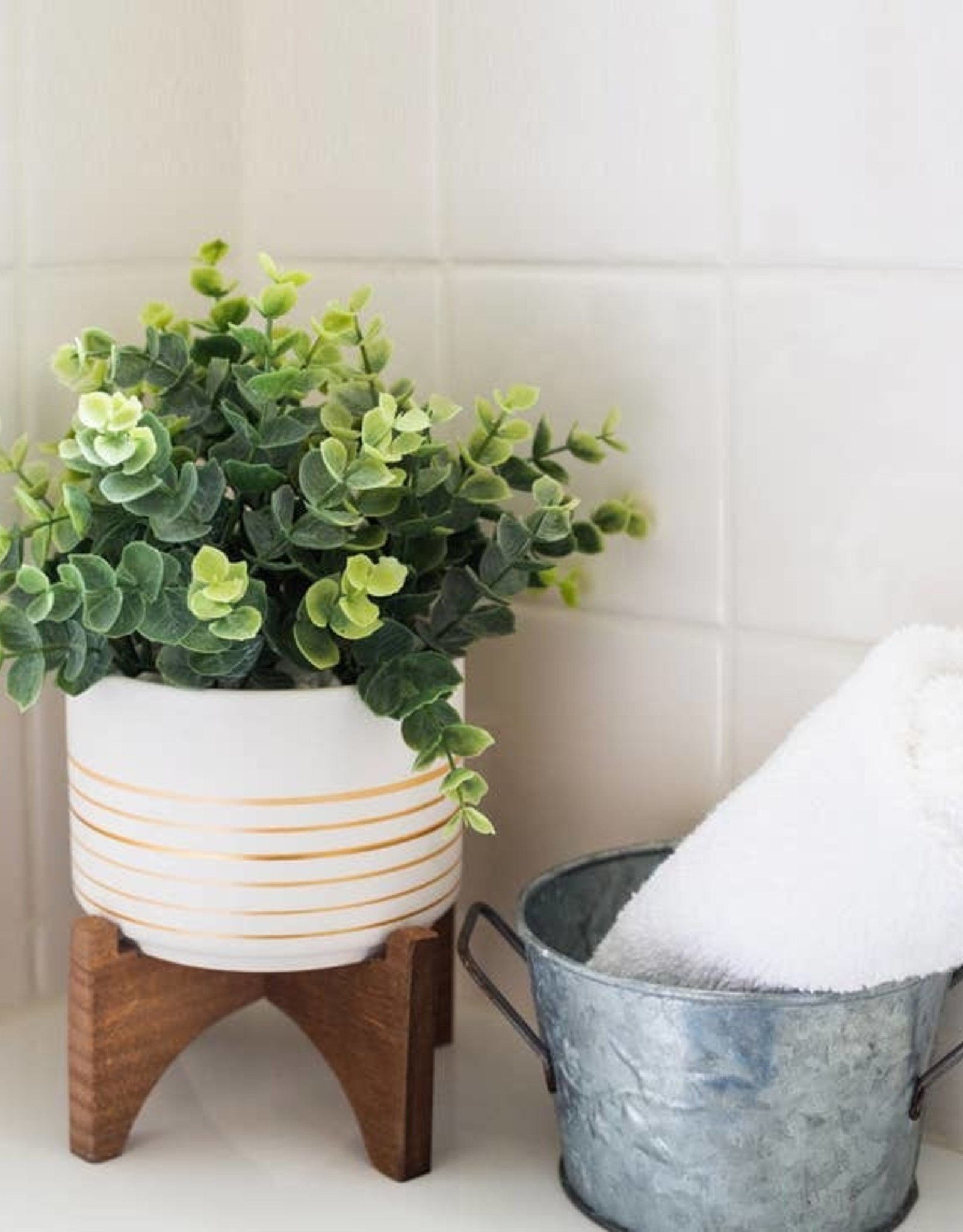 Artificial Eucalyptus in 4.75" Ceramic Pot on Wood Stand