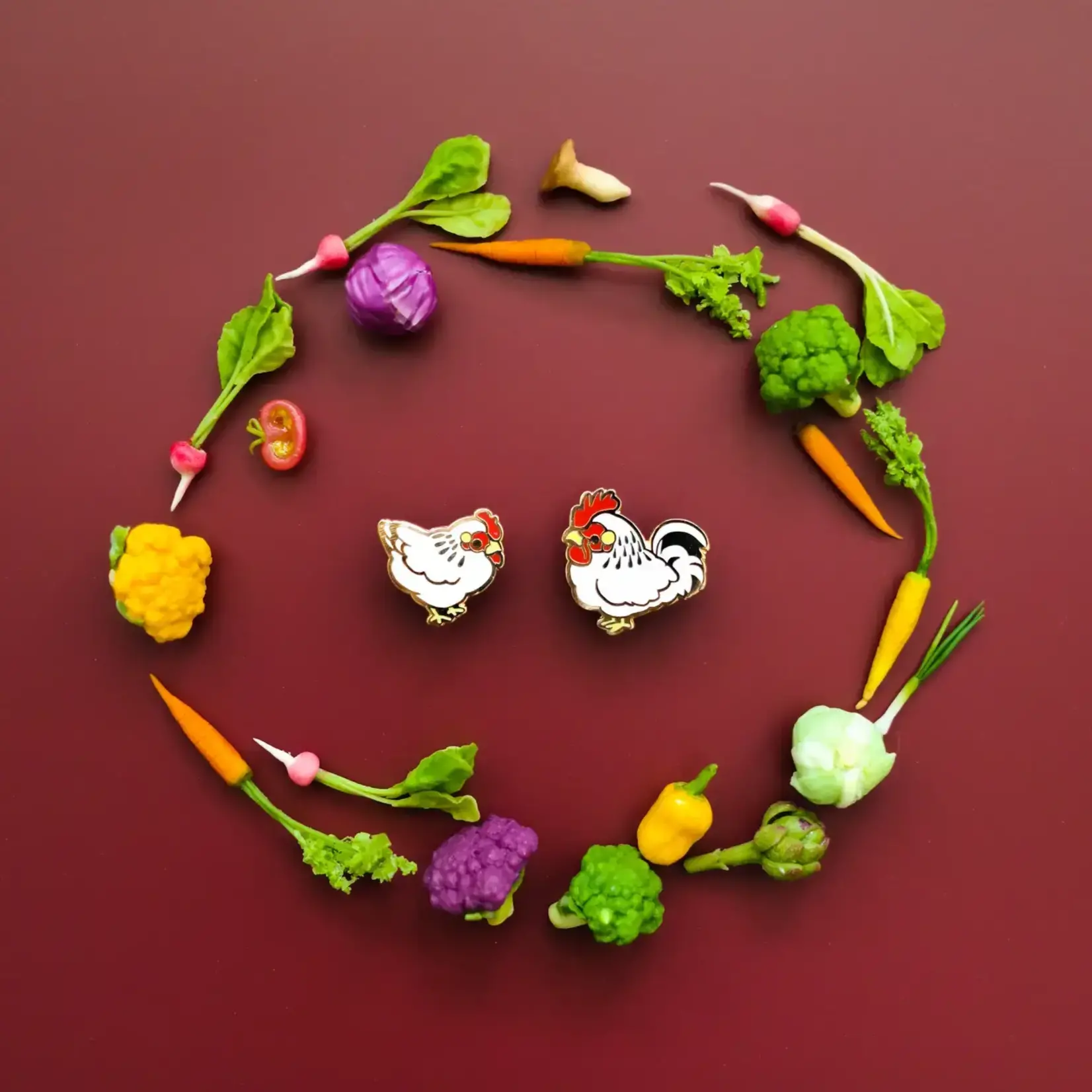 White Rooster and Hen Pin Set