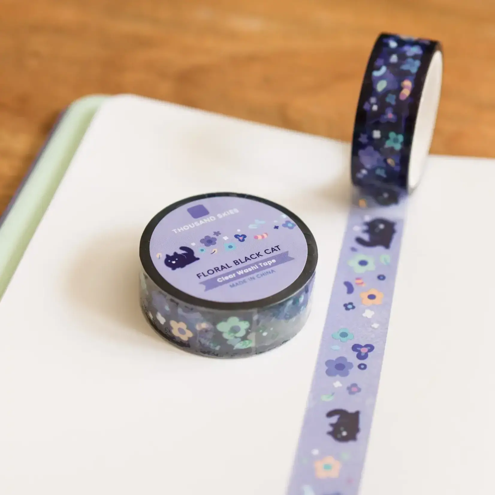 Floral Black Cat Washi Tape (Transparent)