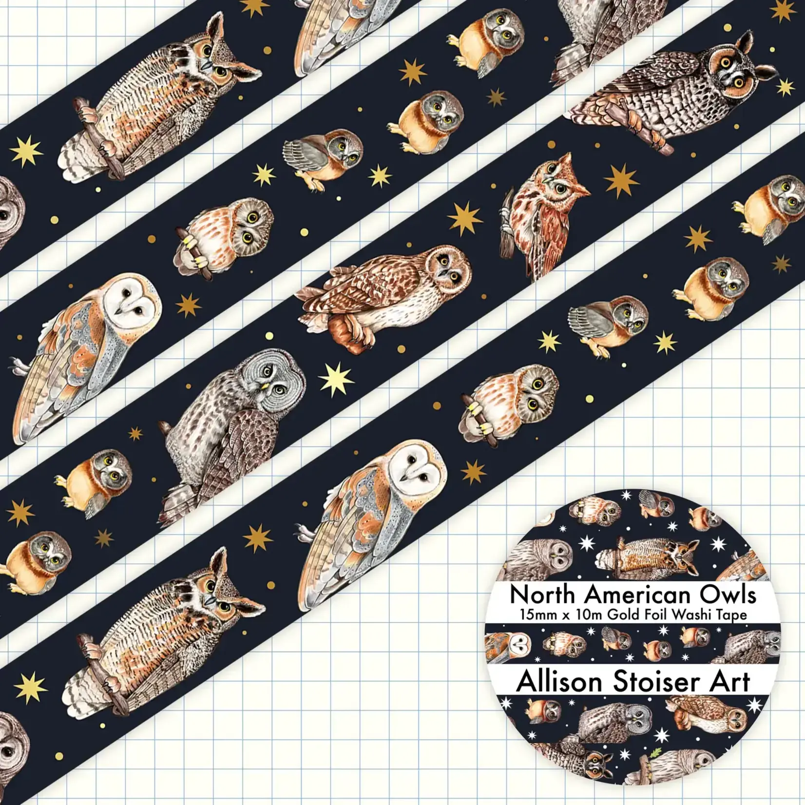 Allison Stoiser Art North American Owls Gold Foil Washi Tape