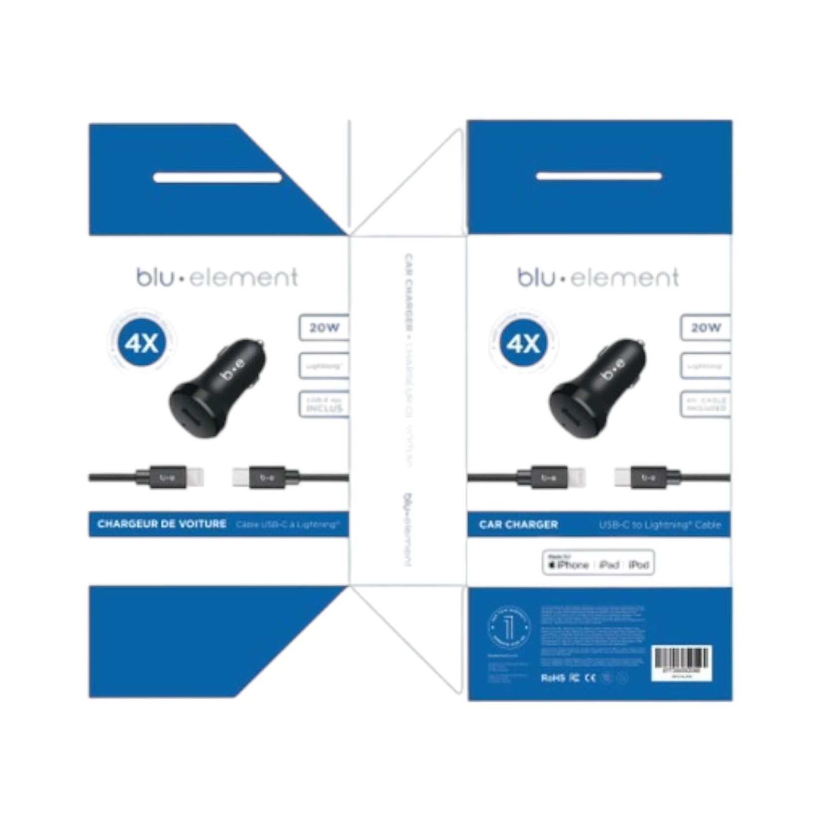 blu element Chargeur de Voiture USB-C Power Delivery 20W + Câble USB-C -) Lightning 4ft Noir Blu Element