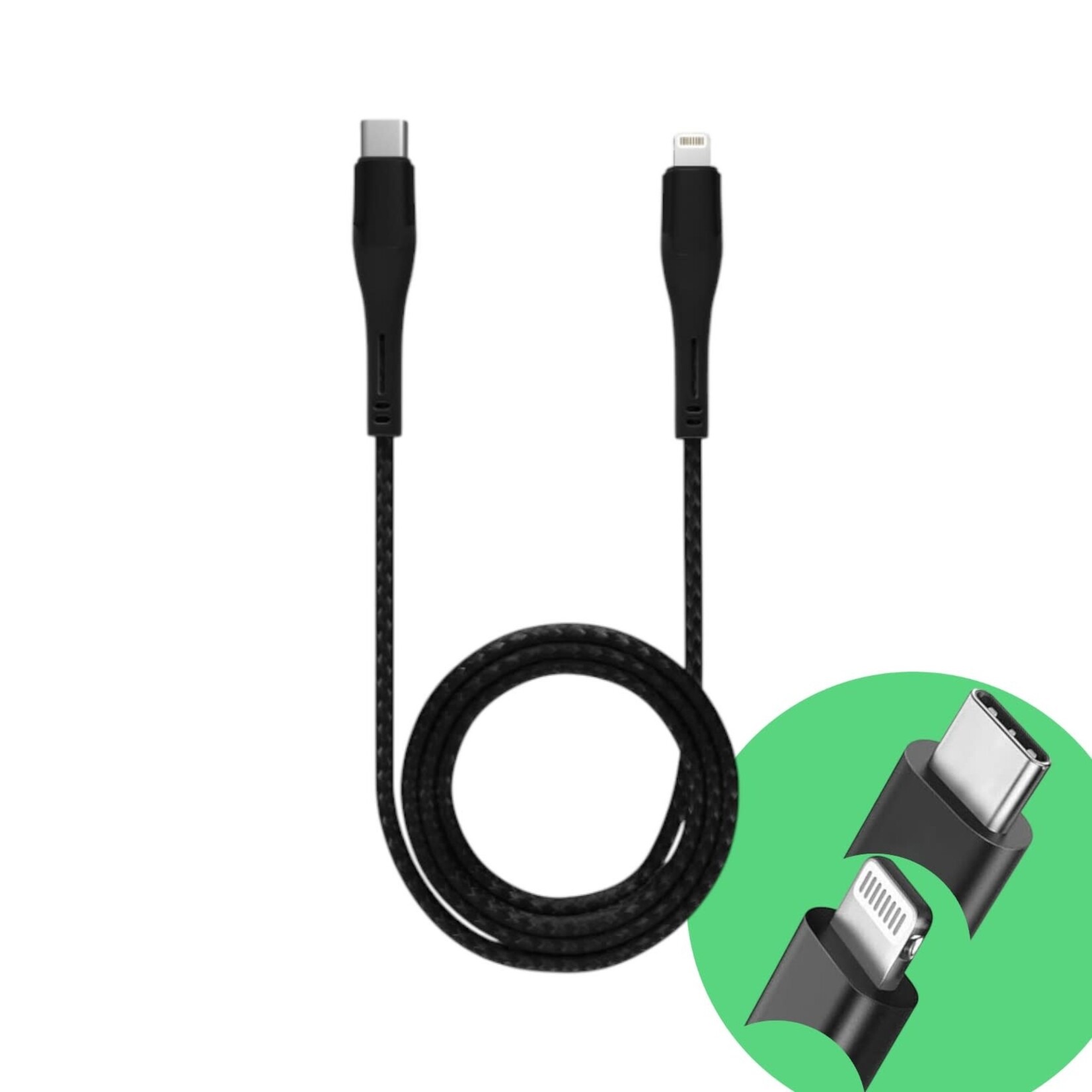 Cable tressé USB-C à lightning 6 pieds Noir