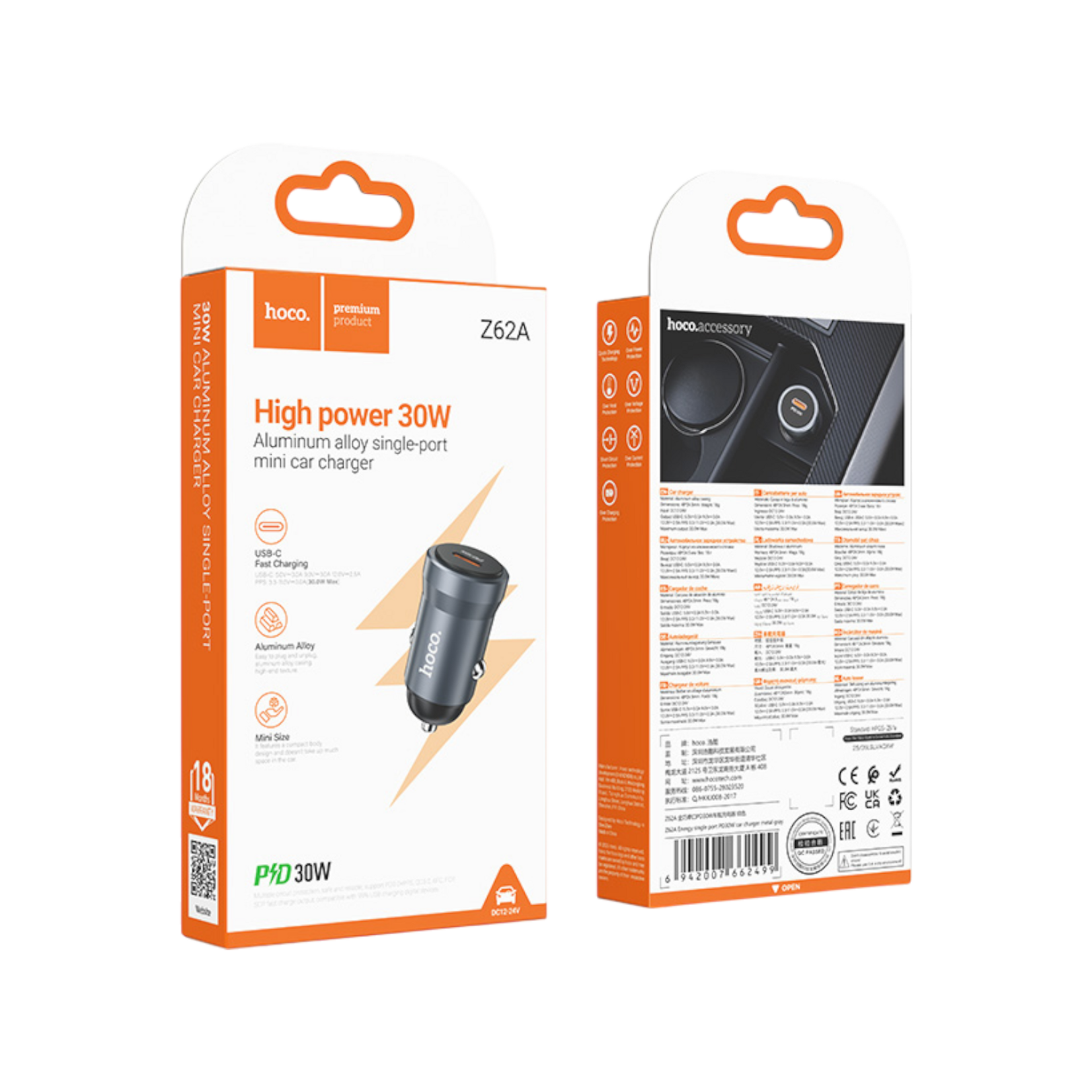 Hoco Single Port PD30W Car Charger Z62A - Metal Gray