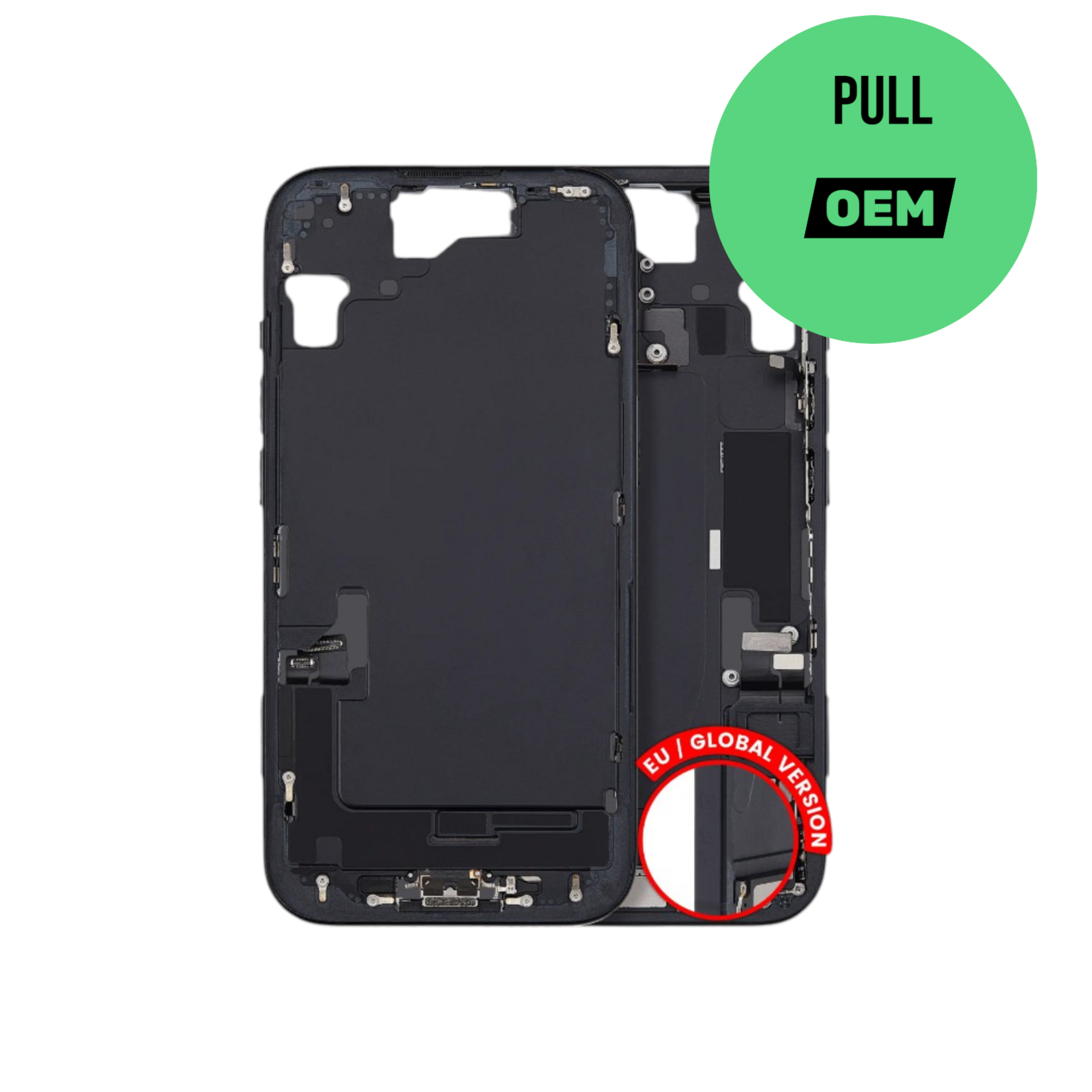 Apple Mid-Frame Housing W/ Charging Port Flex & Small Parts For iPhone 15 (EU / Global Version) (Used OEM Pull: Grade B) (Black)