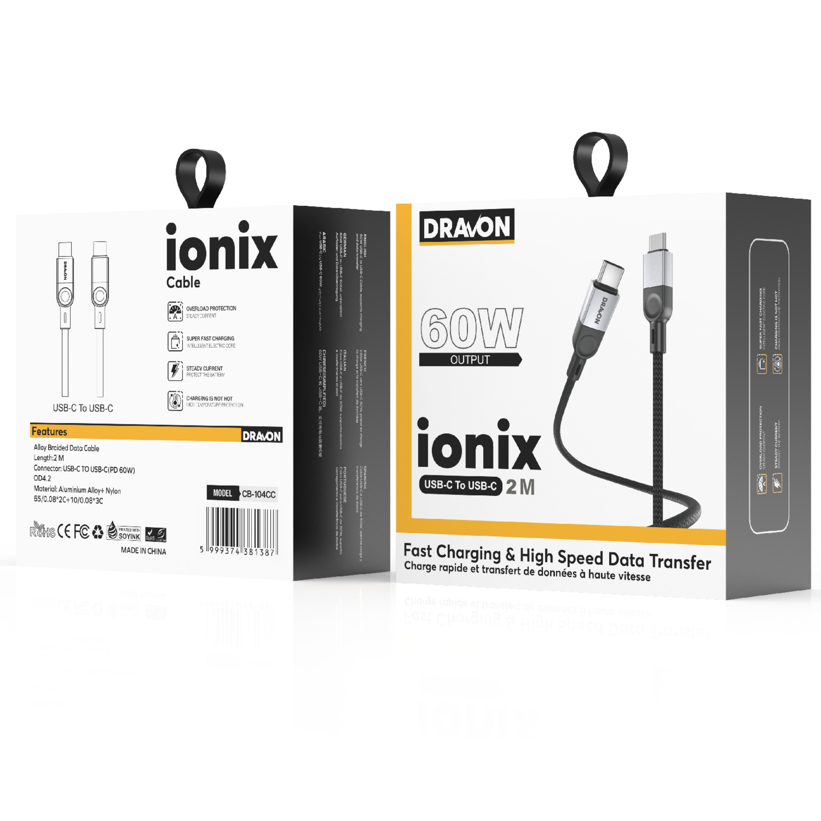 CABLE USB-C TO USB-C 60W DRAVON 2M BLACK