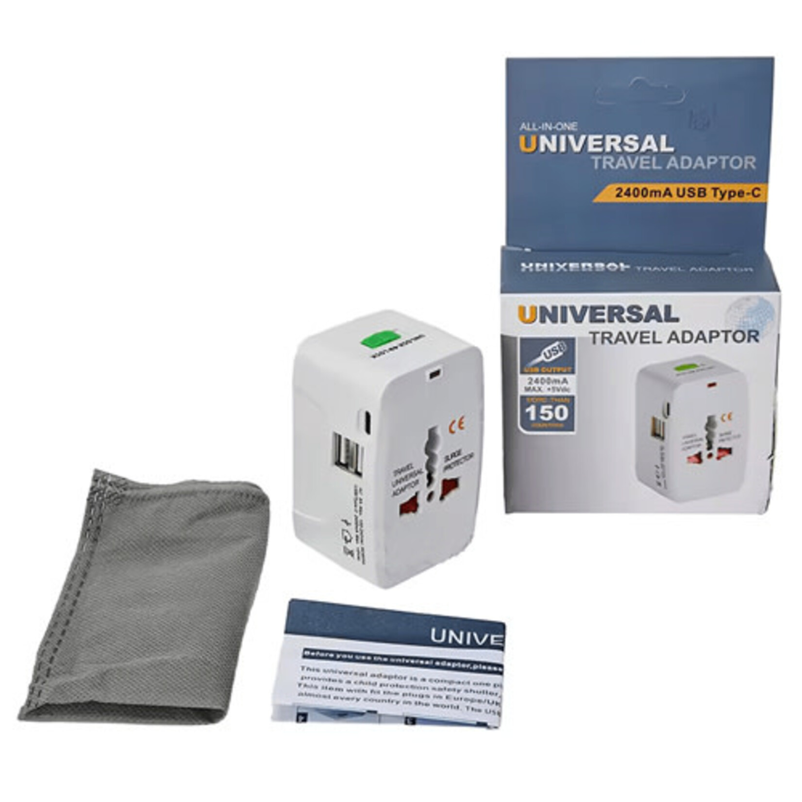 All In One Universal International Plug Adapter with Dual USB Output & 2400mA USB-C
