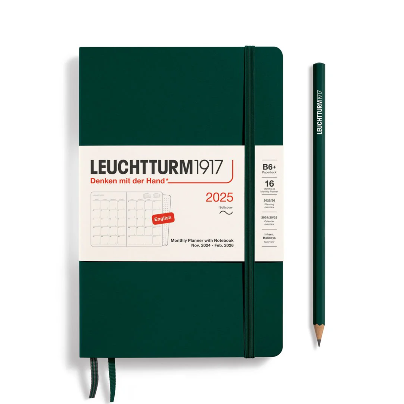 Weekly 2025 Planner + Notebook, Softcover (B6+), Forest Green