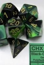 Chessex GEMINI 7-DIE SET BLACK-GREEN/GOLD