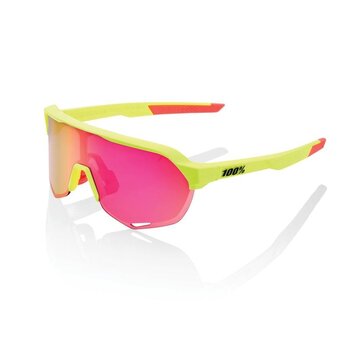 100% 100% S2 Sunglasses, Matte Washed Out Neon Yellow frame - Purple Multilayer Mirror Lens