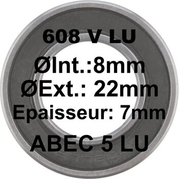 Roulement scellé, 608, 8x22x17 Max