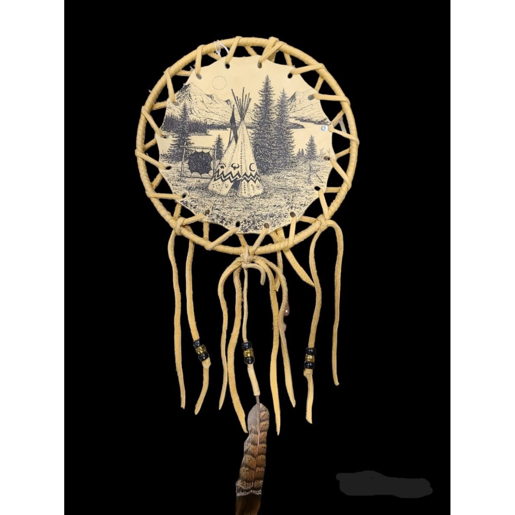 DRAWING BY STILES CONSIGN WRAPPED MOOSE HIDE 8" DREAM WHEEL "TEEPEE SCENE"