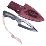 CUTTING EDGE CONSIGN CE ARROW BLADE FIXED KNIFE W/ PINK PEARL IN-LAY AND PINK LEATHER NATIVE PRINT SHEATH