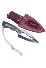 CUTTING EDGE CONSIGN CE ARROW BLADE FIXED KNIFE W/ PINK PEARL IN-LAY AND PINK LEATHER NATIVE PRINT SHEATH