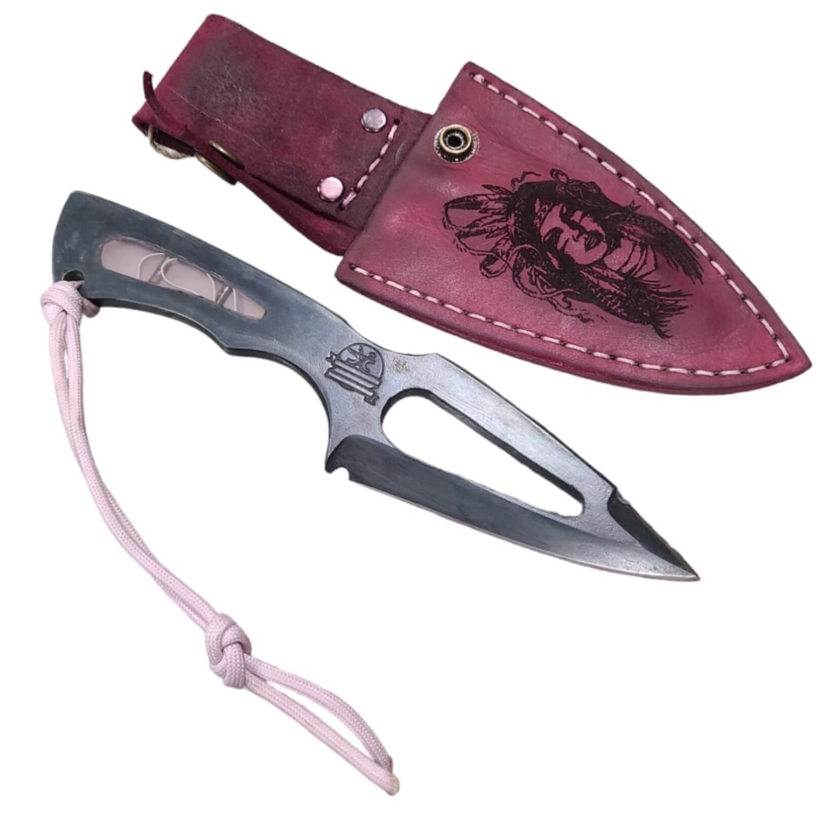 CUTTING EDGE CONSIGN CE ARROW BLADE FIXED KNIFE W/ PINK PEARL IN-LAY AND PINK LEATHER NATIVE PRINT SHEATH