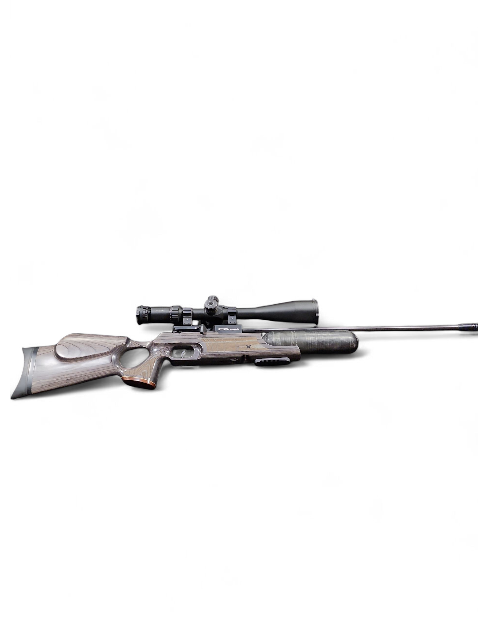 FX AIRGUNS CONSIGN FX AIRGUN CROWN ROYAL 25CAL W/ HAWK SCOPE , PELLETS, PUMP, CASE