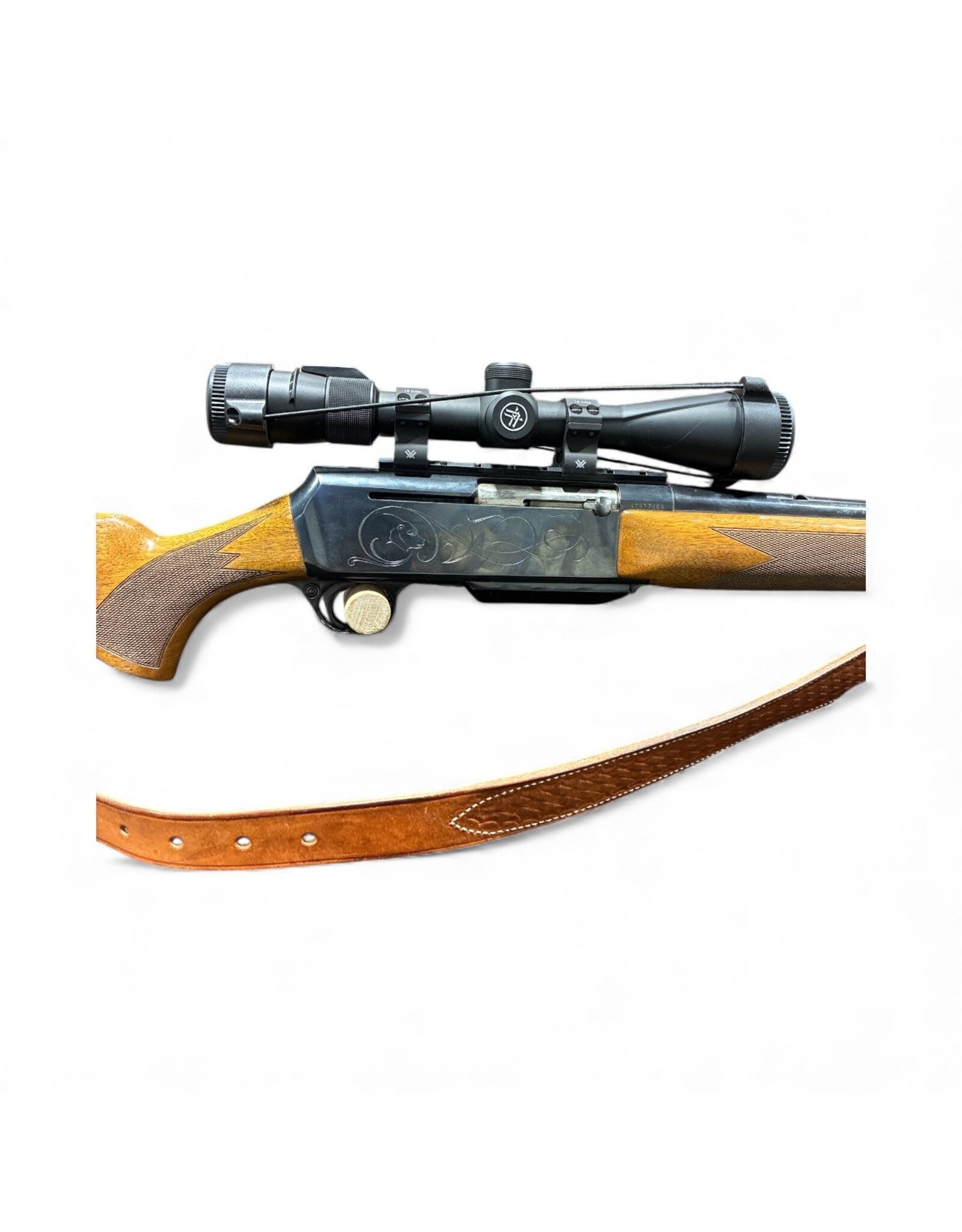 BROWNING CONSIGN BROWN BAR 338 WIN WOOD SEMI AUTO W/ VOR VIPER 3-9X40 SCOPE, LEATHER SLING, 3 BOXES OF AMMO AND 1 BOX OF BRASS