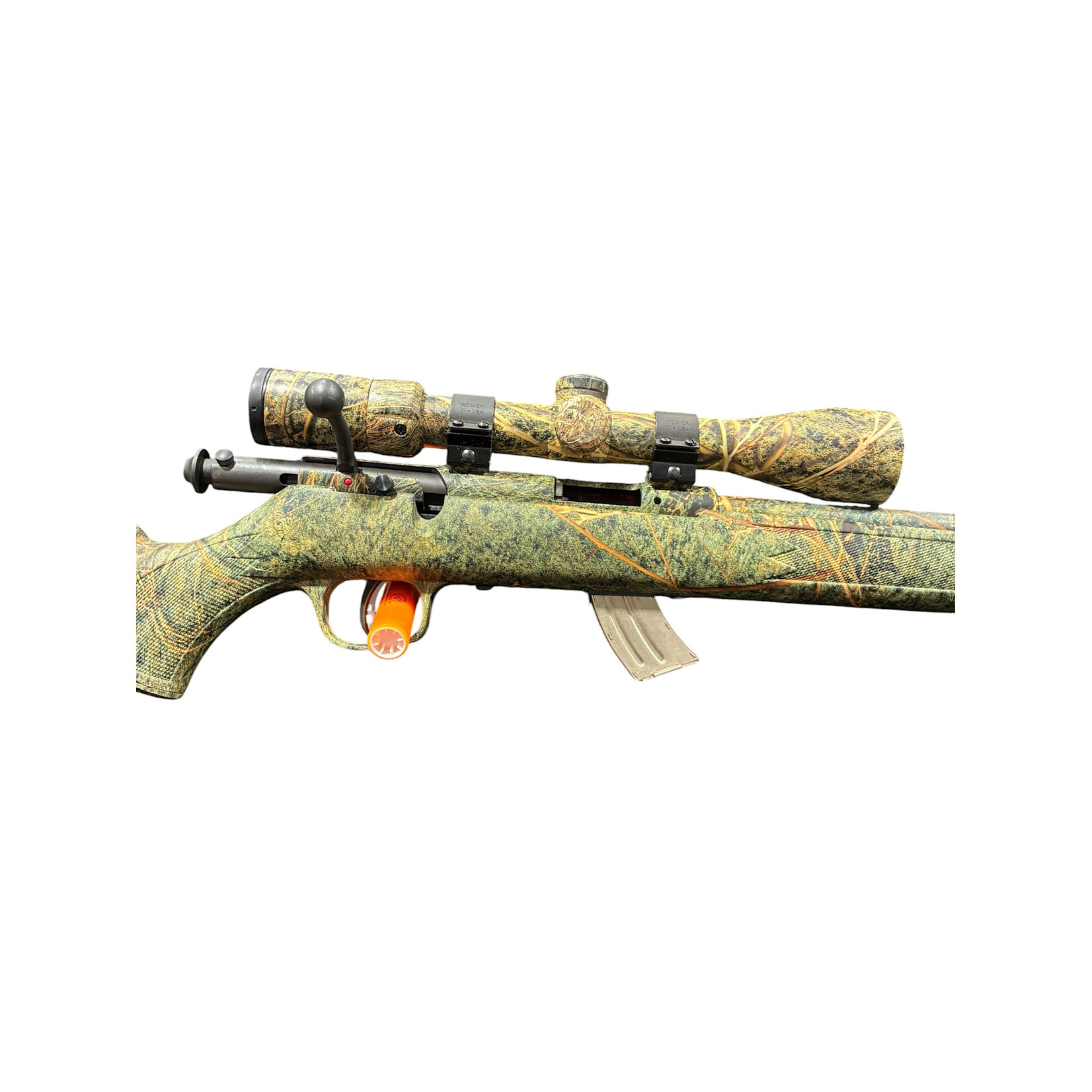 SAVAGE USED SAVAGE MARK II FXP, 22LR, CAMO SYNTHETIC PKG W/ SIMMONS 3-9X40 CAMO SCOPE