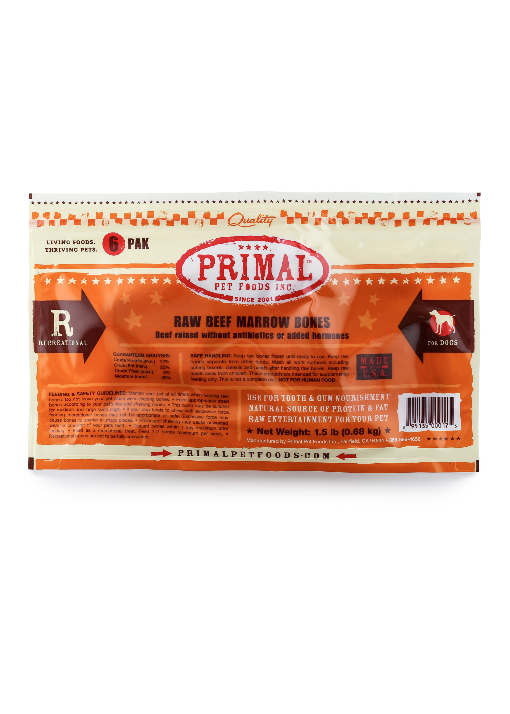 PRIMAL PET FOODS Primal Raw Beef Marrow Bone 2", 6 Pack