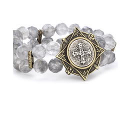 FRENCH KANDE Double Strand Faceted Cloudy Quartz Normandy Medallionand Bezel and Mini Saint Benedict Medallion