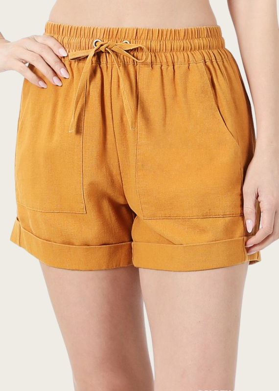 ZENANA Linen Drawstring Shorts with Pocket Golden Mustard