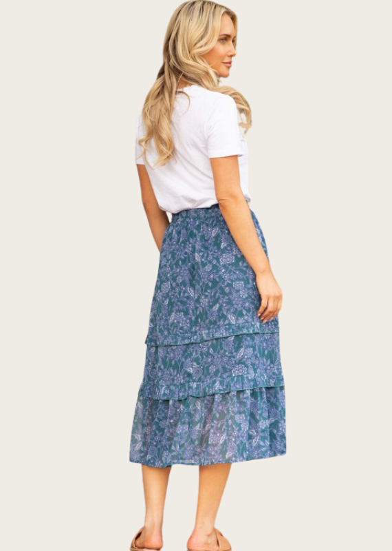 VOY Floral Teal Print Midi Skirt