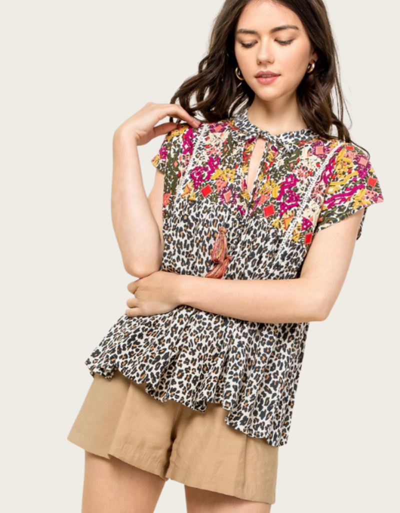 THML Animal Print Flutter Top with Floral Embroidery