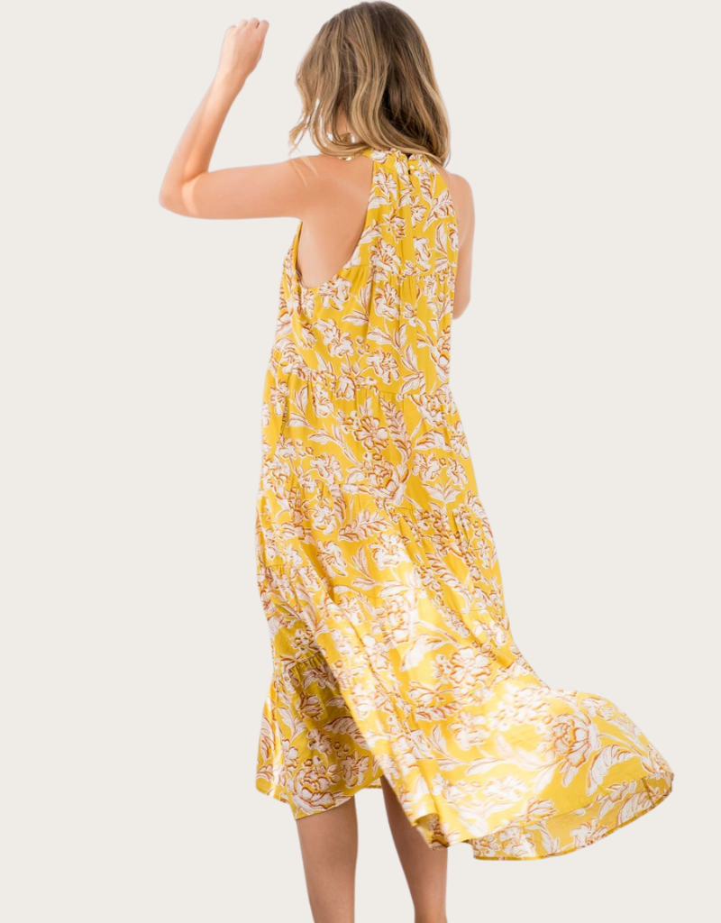 THML Mustard Floral Print Tiered Maxi Halter Dress