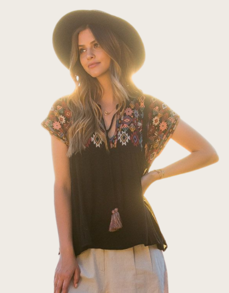 THML Multicolored Embroidered Top With Tassel Tie