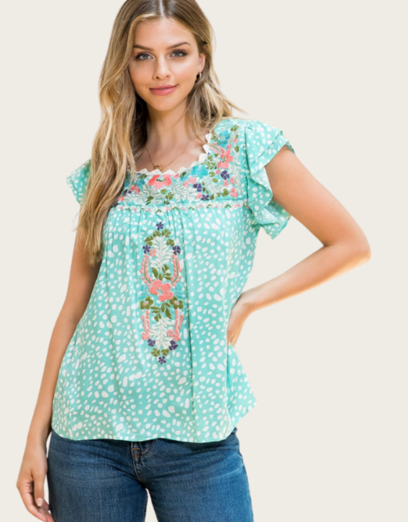 THML Mint Spotted Embroidered Yoke Top