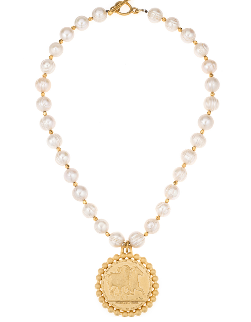 FRENCH KANDE White Pearl Les Chaveaux Medallion Necklace