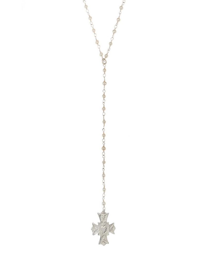 FRENCH KANDE Micro Pearl Lariat Immaculate Heart Silver Necklace