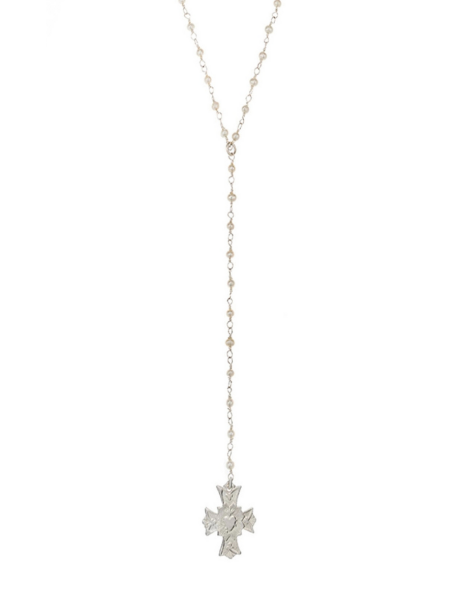 Micro Pearl Lariat Immaculate Heart Silver Necklace - Cedar