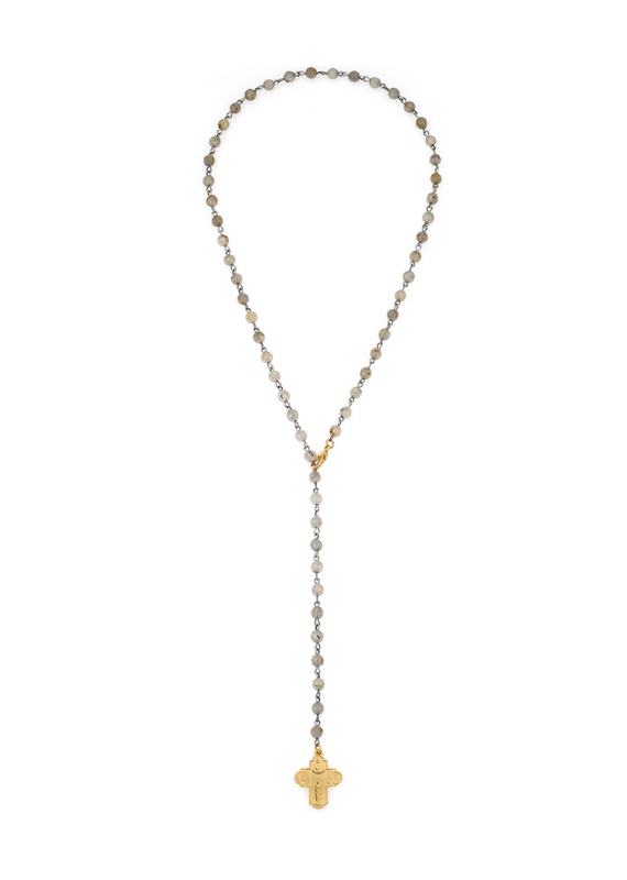 FRENCH KANDE Faceted Labadorite Lariat with Silver Wire and Traverser Gold