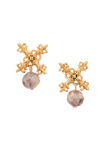 FRENCH KANDE Gold X Earrings with Apricot Moonstone Dangle