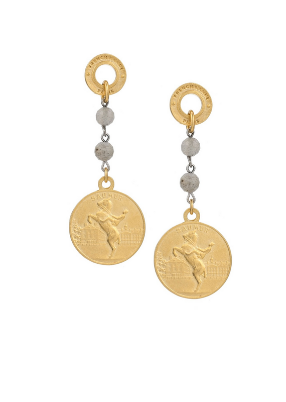 FRENCH KANDE Annecy Labradorite Earrings Gold Saumur Medallion