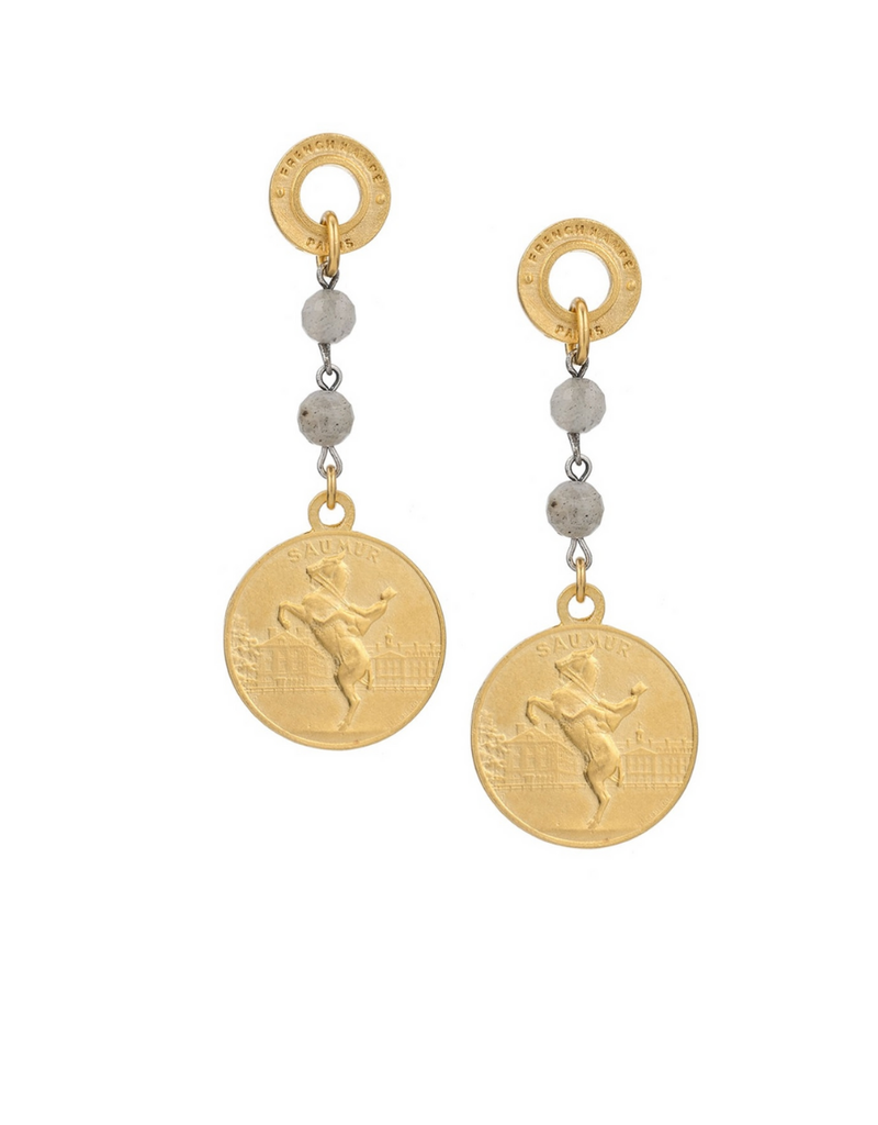 FRENCH KANDE Annecy Labradorite Earrings Gold Saumur Medallion